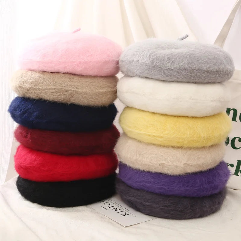 Women Beret Hat Fashion Rabbit Hair Warm Cap Woman Outdoor Travel Casual French Caps Cashmere Knitted Barett Hat