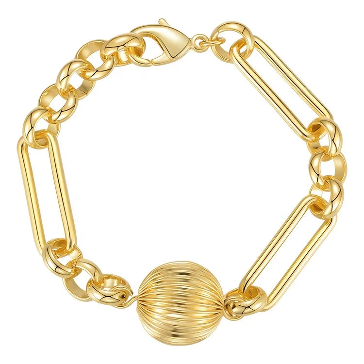 Latest High Quality 18K Gold Plated Brass Jewelry Lantern Ball Charms Design Gold Color Link Chain Bracelet B212234