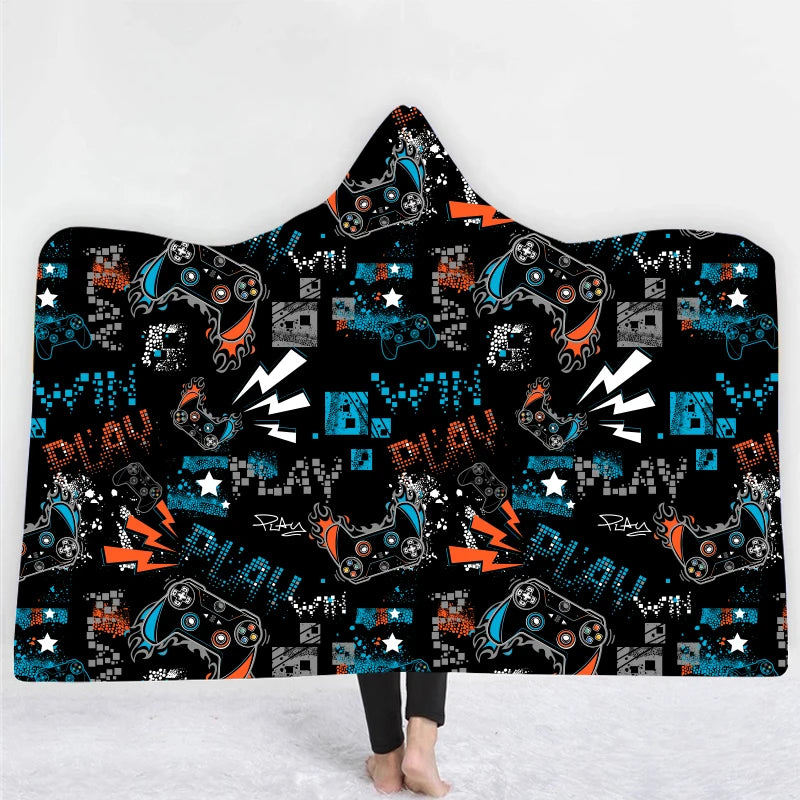 2025 Factory Custom Design Hot Sale Digital Print Colorful Game Player Printed Fleece Hooded Blanket