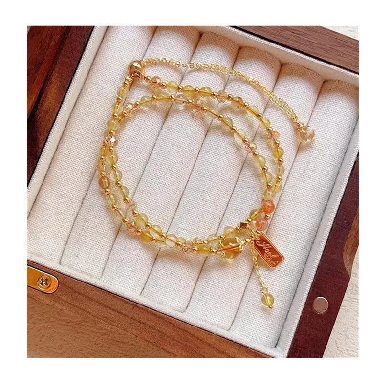 Natural Golden Rutilated Quartz 2 Loops  Bracelet Genuine Gemstone Crystal Stone Spiritual Bead Bracelets
