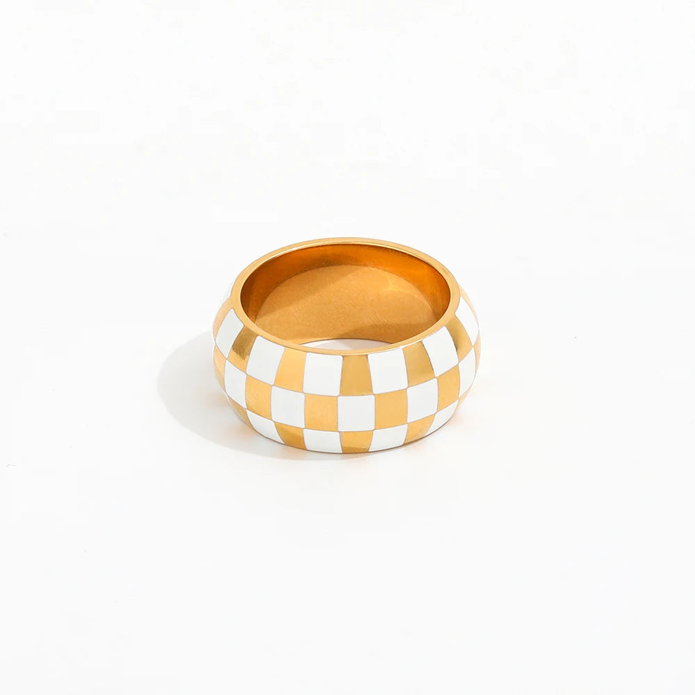 Joolim Jewelry Wholesale 18K Gold Plated White Plaid Stainless Steel Chunky Rings for Women Rings