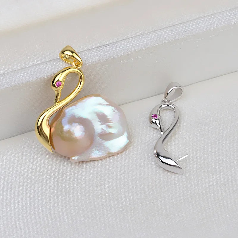 S925 Silver Baroque Pendant Handmade DIY Whooper Swan Head Double-Sided Special-Shape Pearl Empty-String Accessories 1774