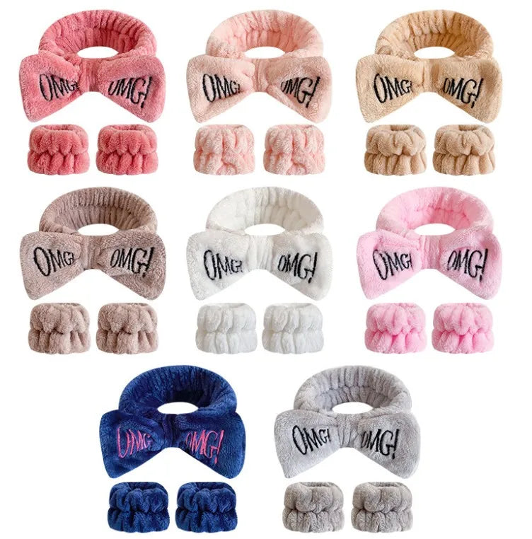 Cute Women Letter Bowknot Plush Headband Face Washing Hair Band Elastic Headwear