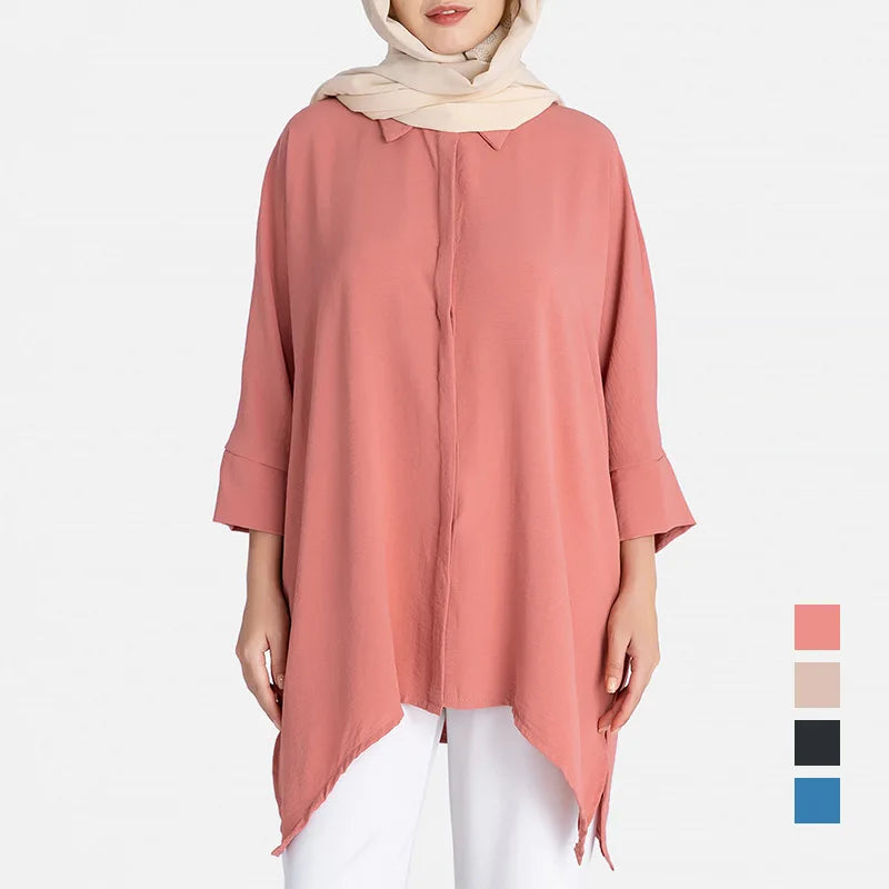 New 2024 Women Stylish Sweet Solid Turn-Down Collar Tops Clothing Ladies Pleated Long Sleeve Muslim Women Blouse