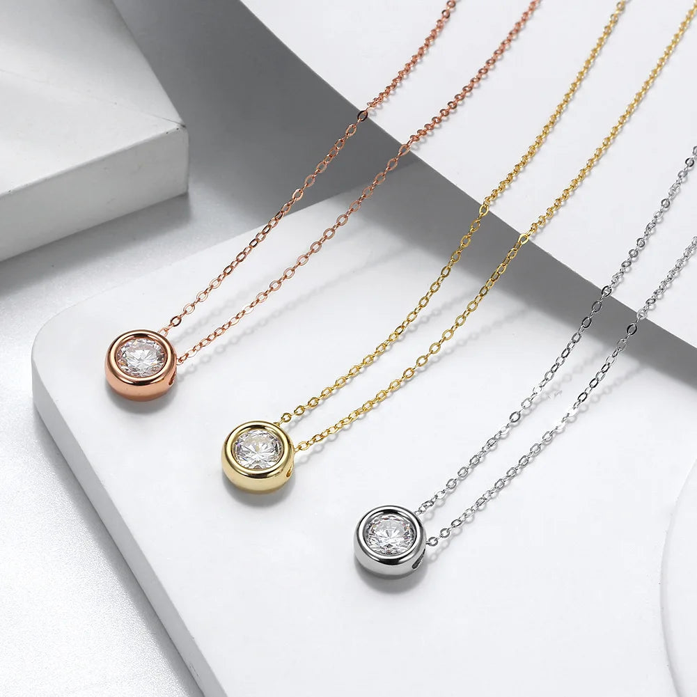 Dainty Zircon Necklace for Girlfriends 925 Sterling Silver Bezel Setting Zircon Round Pendant Necklace