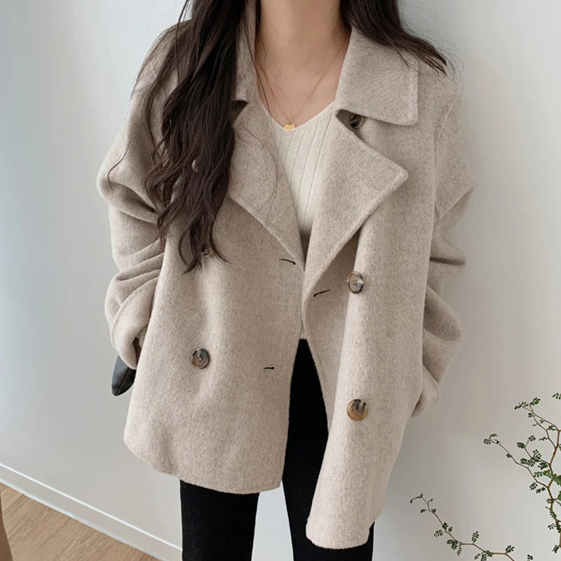 Wholesale 2026 Autumn and Winter French Temperament Suit Collar Double Breasted Loose Casual and Versatile Warm Woolen Coat