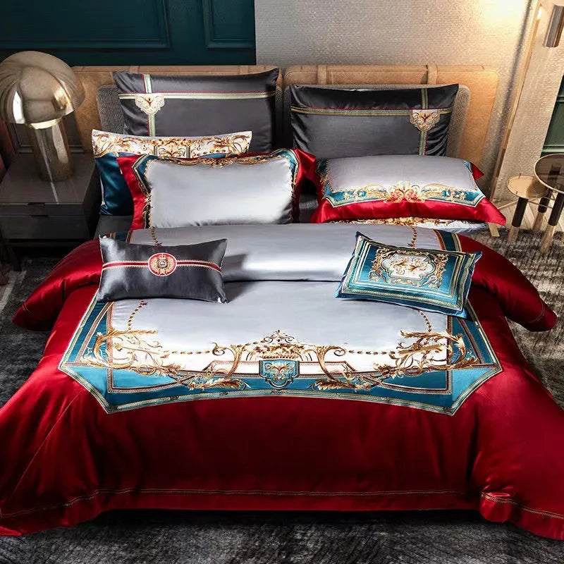 Luxury Satin 100% Cotton Court Style Red Bed Sheet king Size  Grey Embroidery Quilt Cover Home Textile Bedding Set