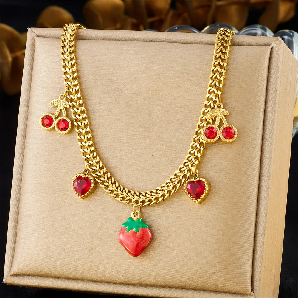 New Cartoon Stainless Steel Cruit Pendant Necklace Non Tarnish 18k Pvd Gold Plated Red Heart Strawberries Cherry Charm Necklace
