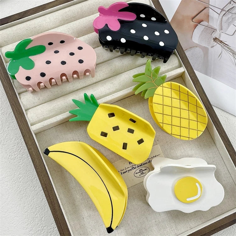 Korean Cute Style Sweet Strawberry Pineapple Banana Peach Egg Shape Pink Acetate Hair Claw Clips