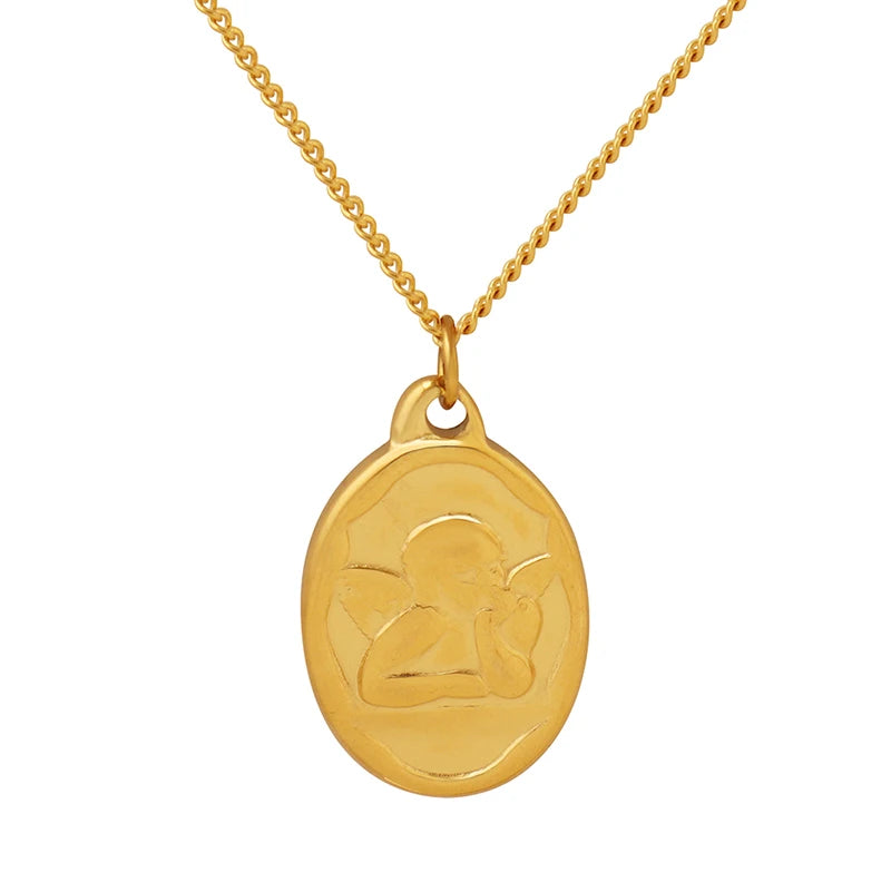 Oval Angel Boy Pendant Necklace Stainless Plated 18k Gold Necklace Jewelry P440