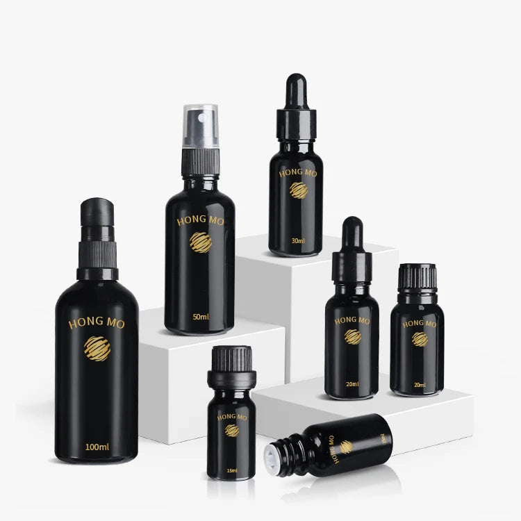 5ml 10ml 15ml 20ml 30ml 50ml 100ml Glossy Black Dark Violet Glass Euro Essential Oil Serum Bottles with Dropper Treatment Pump