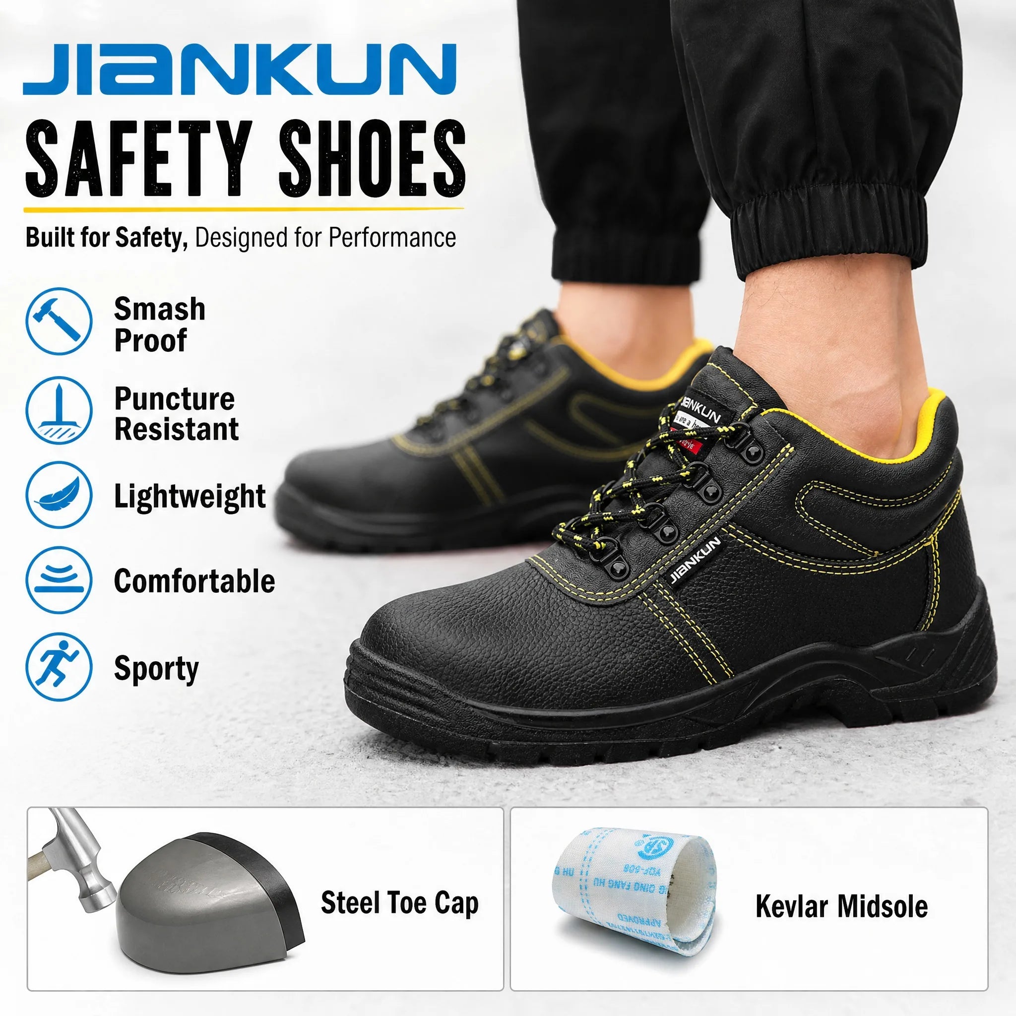 JIANKUN  Anti Smashing Waterproof Breathable Leather SteelToe Iron Steel Safety Middle  Cut Boots for Industrial Construction
