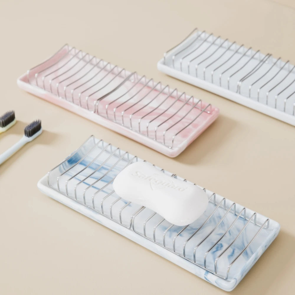 Creative Large Bathroom Soap Drying Trays Drain Marble Soap Dish Ceramic Soap Holder with Stainless Steel Rack