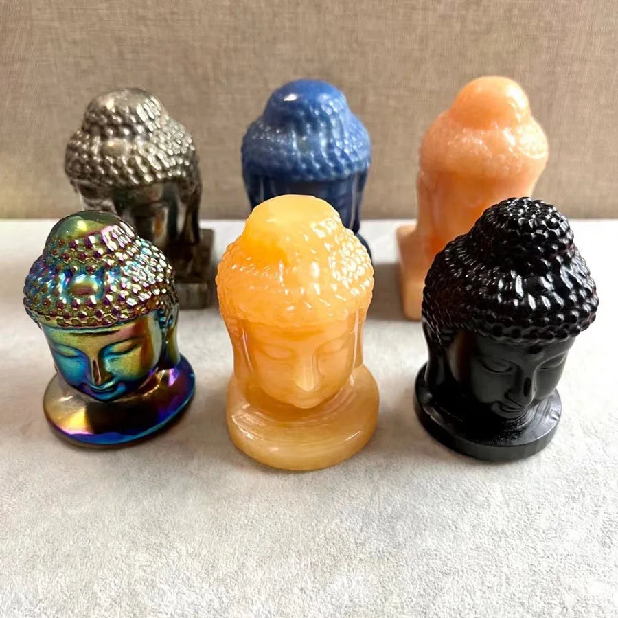 Wholesale Carved Black Obsidian Buddha Head Natural Yellow Calcite Crystal Buddha