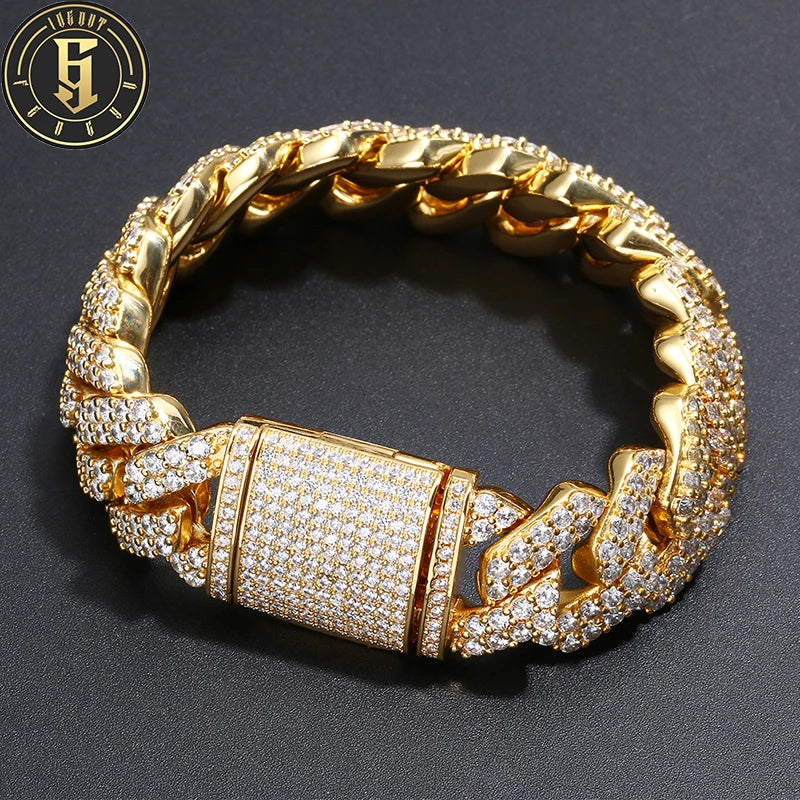 Luxury Rappers Bracelet 20mm Copper 18K Gold Plated Zircon Cuban Bracelet Iced Out Diamond Men Hip Hop Jewelry