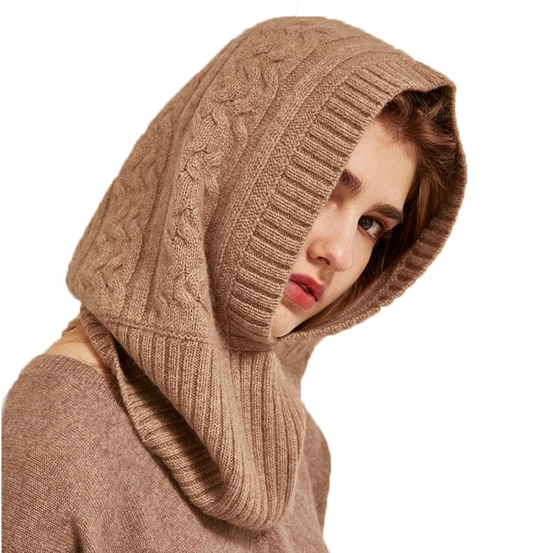 Custom logo Women Cable Design Cashmere Balaclava Winter Hoodie Hats Men Oversize Neck Warm Knitted Pure Cashmere Hoodie Beanie