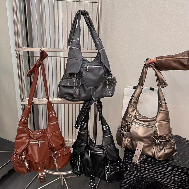 Vintage Biker Black Leather Design with a Sense of Multi-pocket Large Capacity Handbag for Women