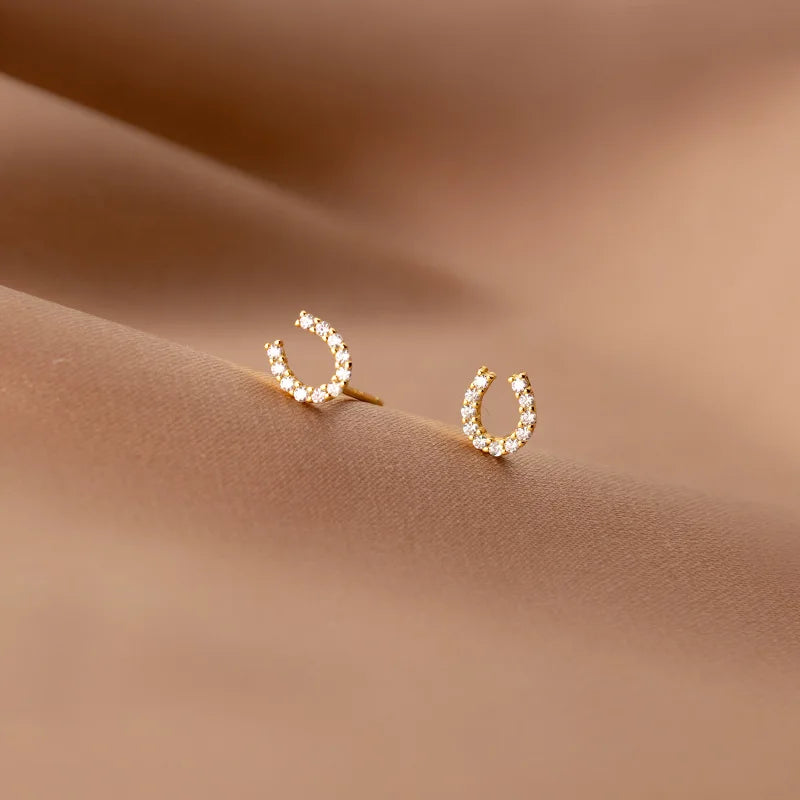 925 Sterling Silver Cubic Zircon Initial Letter U Ear Studs Cute Horseshoe Shape Gold Plated Earrings Fashion Jewelry for Women