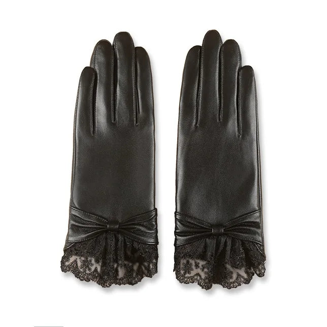 Winter Fashion Warm Dress Goatskin Elegant Lady Women Leather Gloves With Lace