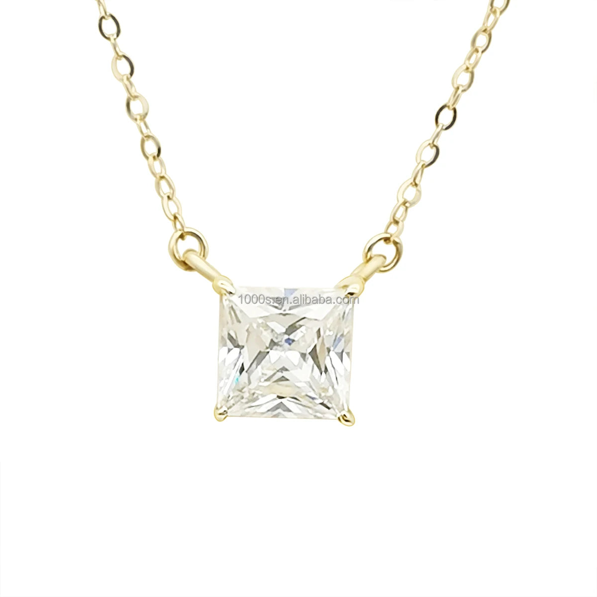 9K Solid Yellow Gold Charm Necklace Women Cubic Zircon Square Princess Cut Trendy Weddings Engagements Parties Gift 6mm