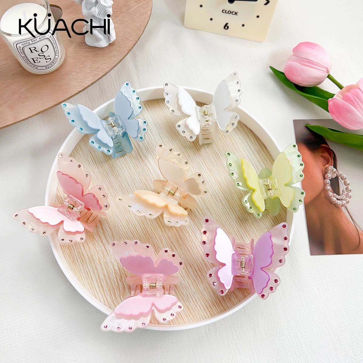 KUACHI Wholesale New Design Korean Style Double Layer Butterfly Rhinestone Hair Claw Sweet Cute Girl Custom Acrylic Hair Clips