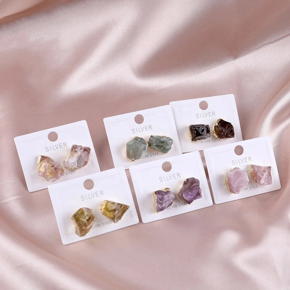 Rough Gemstone Stainless Steel Needle Stud Earrings Irregular Shape Raw Crystal Quartz Stone Stud Earrings Women Jewelry