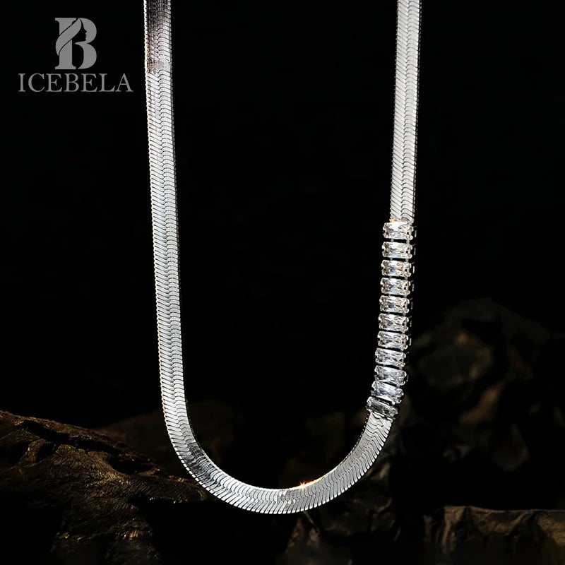ICEBELA Jewelry Light Luxury Snake Bone Chain Female Silver S925 Square Diamond Clavicle Bone Chain S925 Necklace