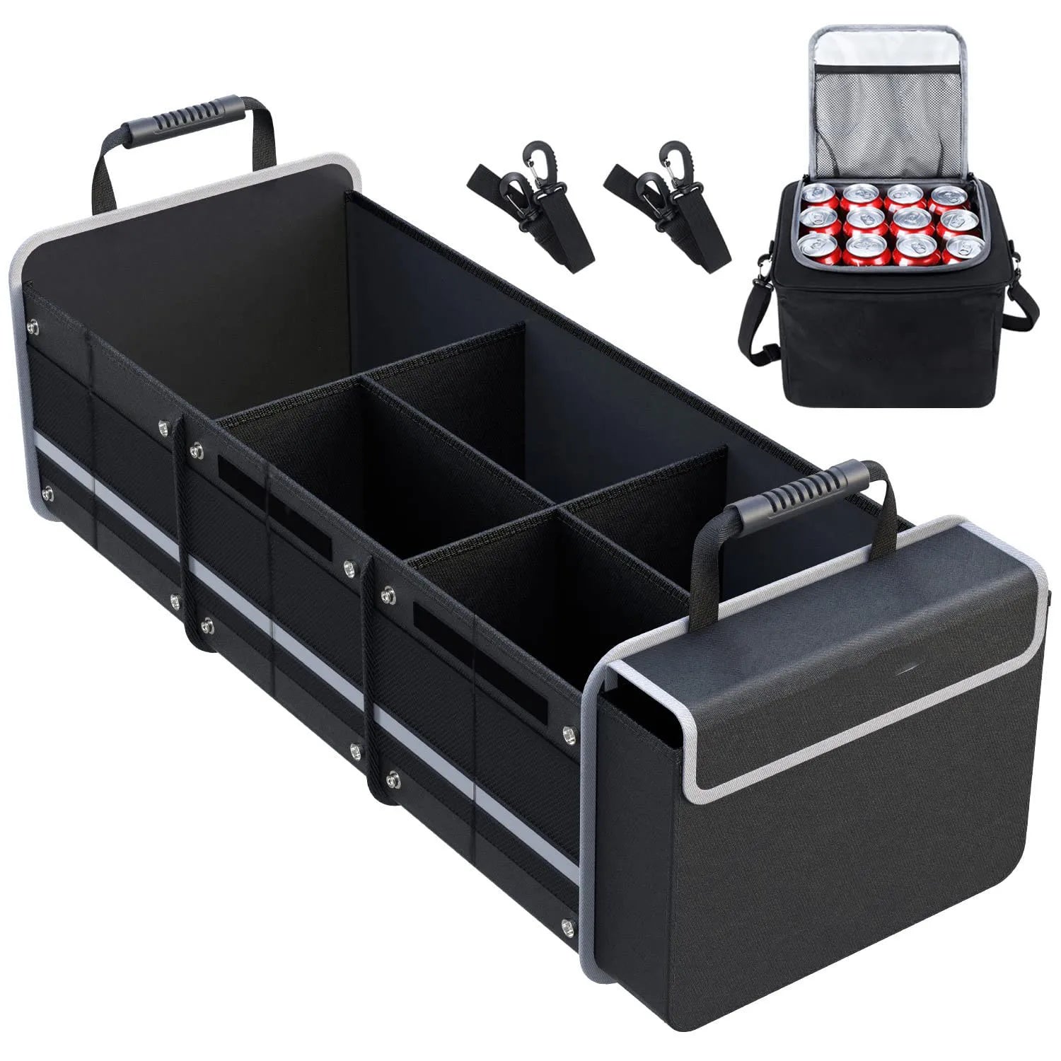 Large Capacity Folding Car Trunk Organizer with Waterproof Polyester Multi-Use Auto Storage Box Includes Cooler Bag