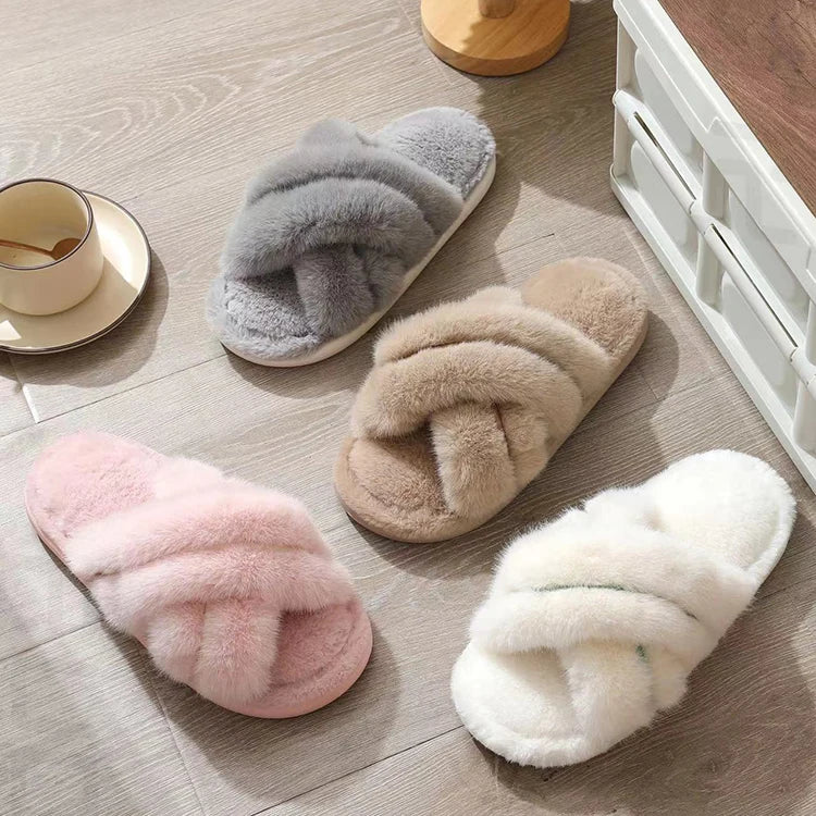 Women's Cross Band Soft Plush Fleece Open Toe Faux Fur Light Weight Warm Anti-Slip Memory Foam Spring Autumn Slides