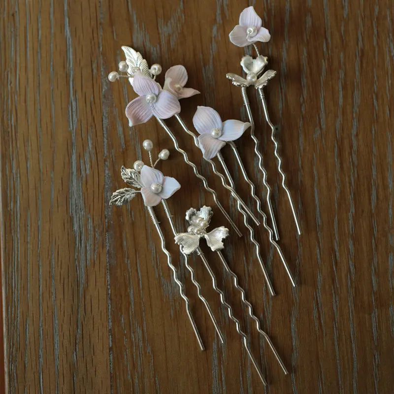Handmade Colorful Enamel Flowers Bridal Hairpin Freshwater Pearls Silver Leaf Hair Stick Clips Wedding Hair Accessories