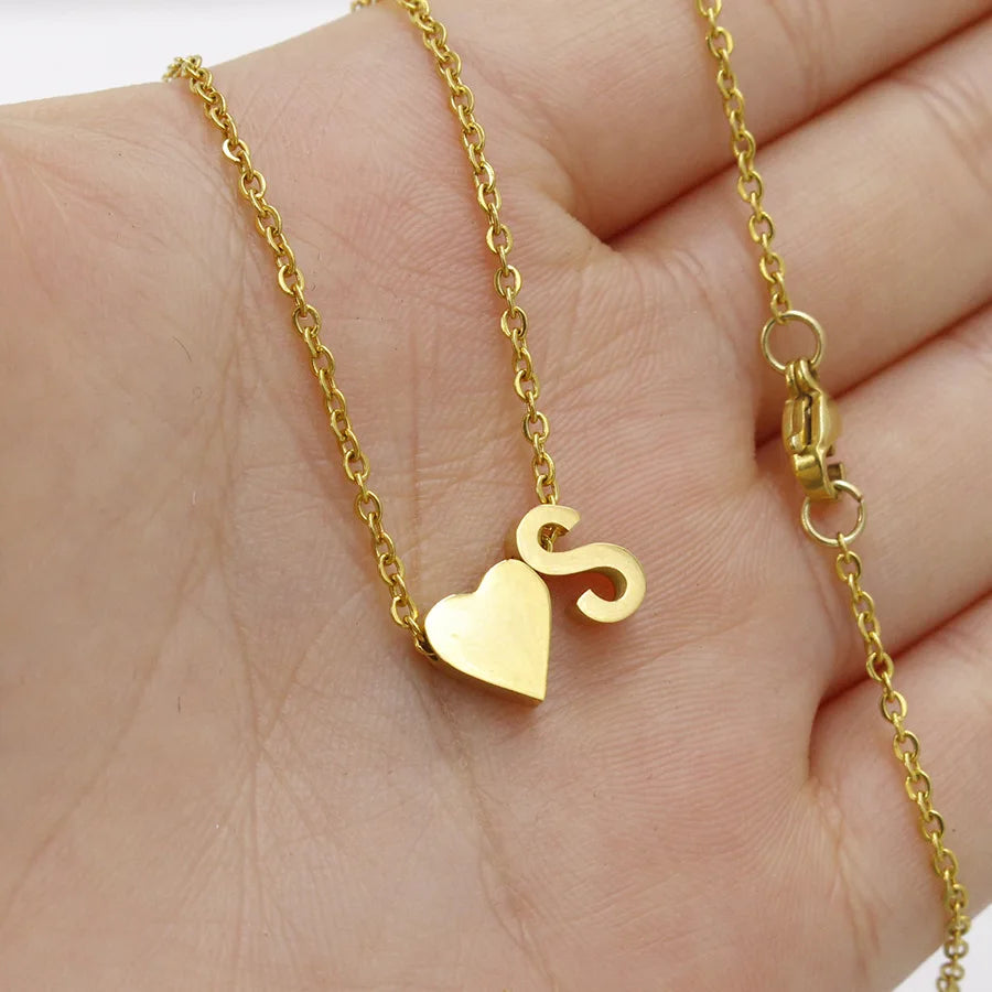 Dainty Stainless Steel English Letter heart beads and A-Z Initial Letter Charm Necklace Couple Initial Necklace