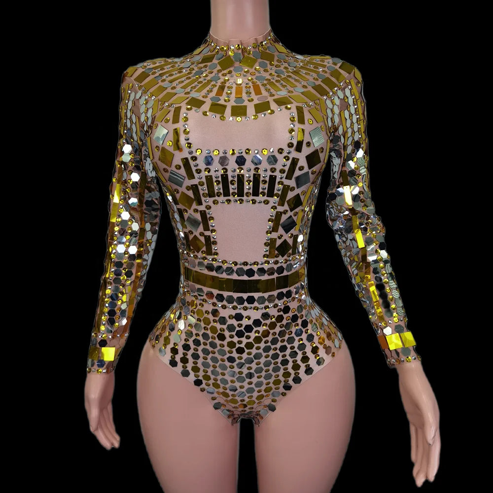 Sexy Gold Sequin Pole Dance Leotard Stage Performance Clothes Drag Show Nightclub One Piece Bodysuit Women Rhinestones Jumpsuit