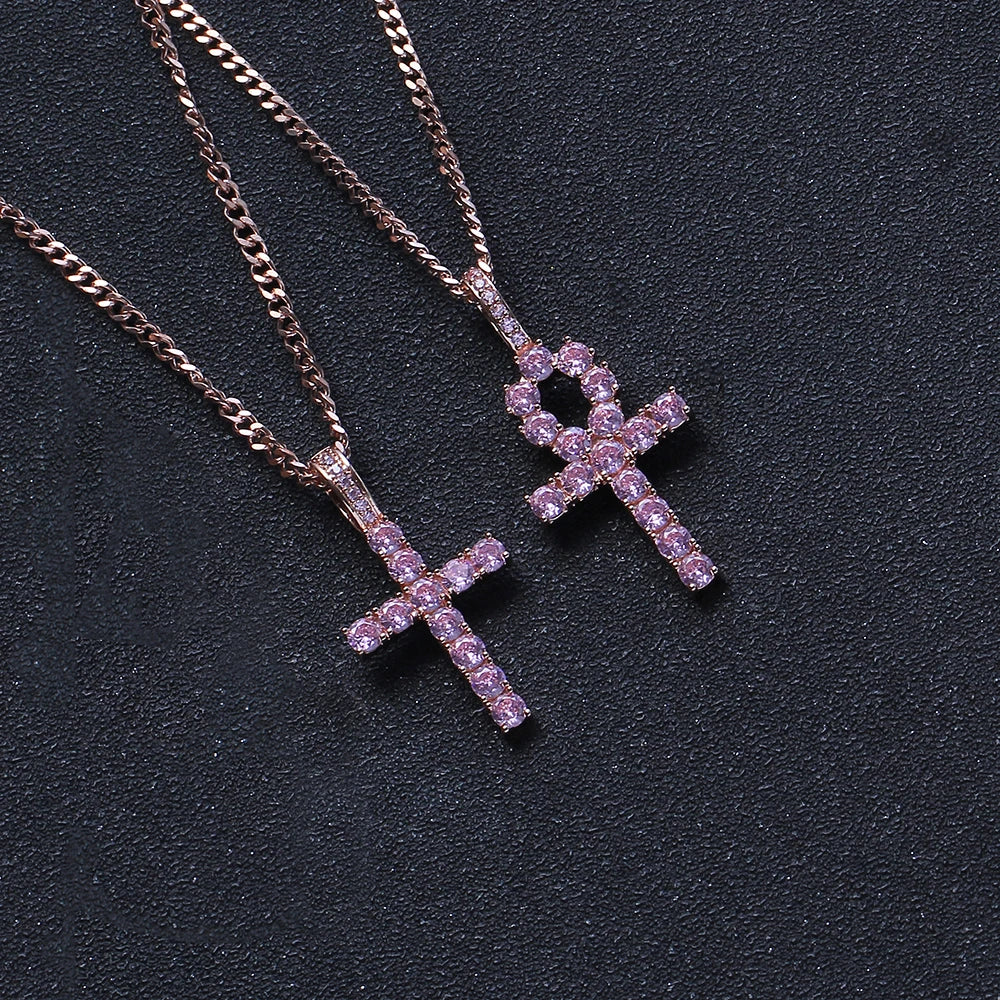 CN219 Hip Hop pink Anha Cross Pendant Brass Micro Pave with CZ Stones Rope Chain Rose Gold Plated Necklace for Men and Women