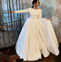 11546#Simple Elegant Long Sleeve O-Neck Boho Satin Open Back Floor Length A-Line Wedding Dress Wedding Gown Bridal Gown