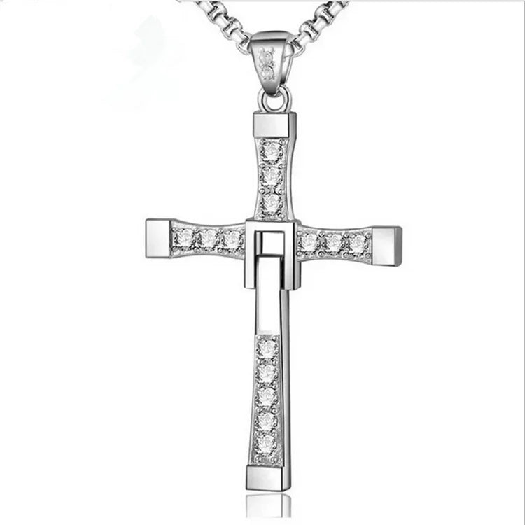 Fashion Stainless Steel Cross Pendant for Man Zircon Inlay Rhinestone Cross Necklace