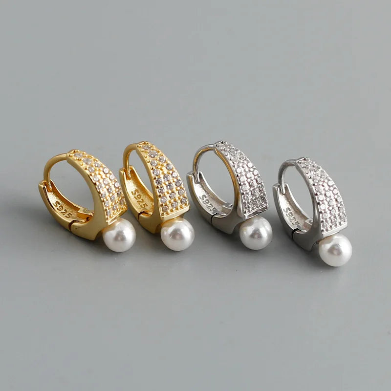 High Quality New Design 925 Sterling Silver CZ Pave Pearl Hoop Huggie Earrings for Women