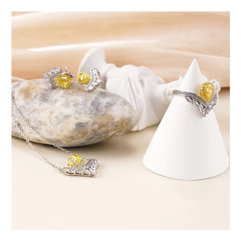 Fast Delivery Water Drop Shaped Yellow Zircon Ring Earrings Necklace Three-piece S925 Sterling Silver Jewelry Set for Women