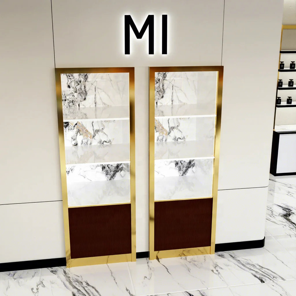 Decorative Wall Mounted Square Floating Shelves Fashion Design Layout Perfume Display Rack Golden Metal Frame Display Shelf