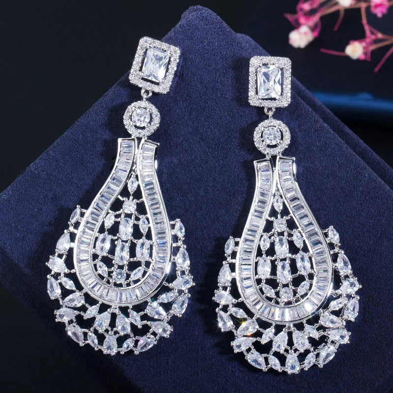 70mm Luxury Statement Large Dangle Drop Rose Red CZ Earrings for Women Vintage Wedding Bridal Party Costume Jewelry Accessories