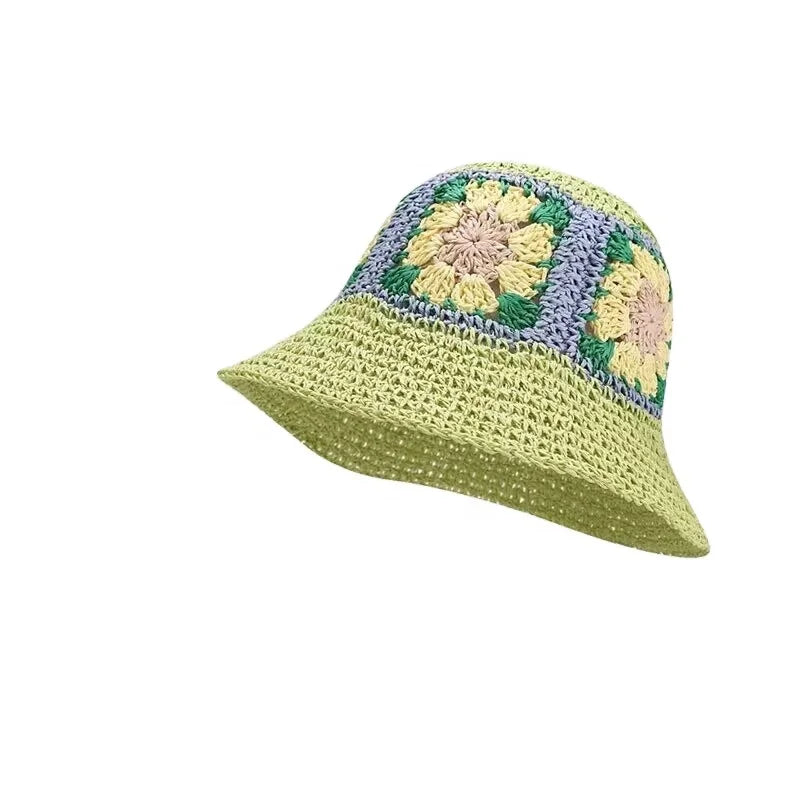 Women's Handmade Straw Bucket Sun Hat Summer Hollow Niche Flower Sunshade Hat Outdoor Sun Hats