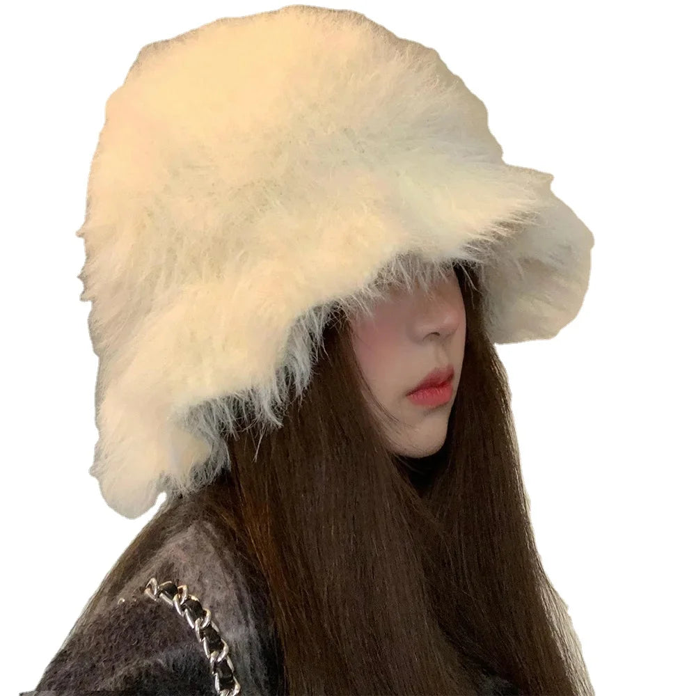 6 Colors Women Winter Faux Rabbit Fur Crochet Beanie Hats Ruffle Brimmed Crochet Bucket Hats for Adults Knitted Purple Fuzzy Hat