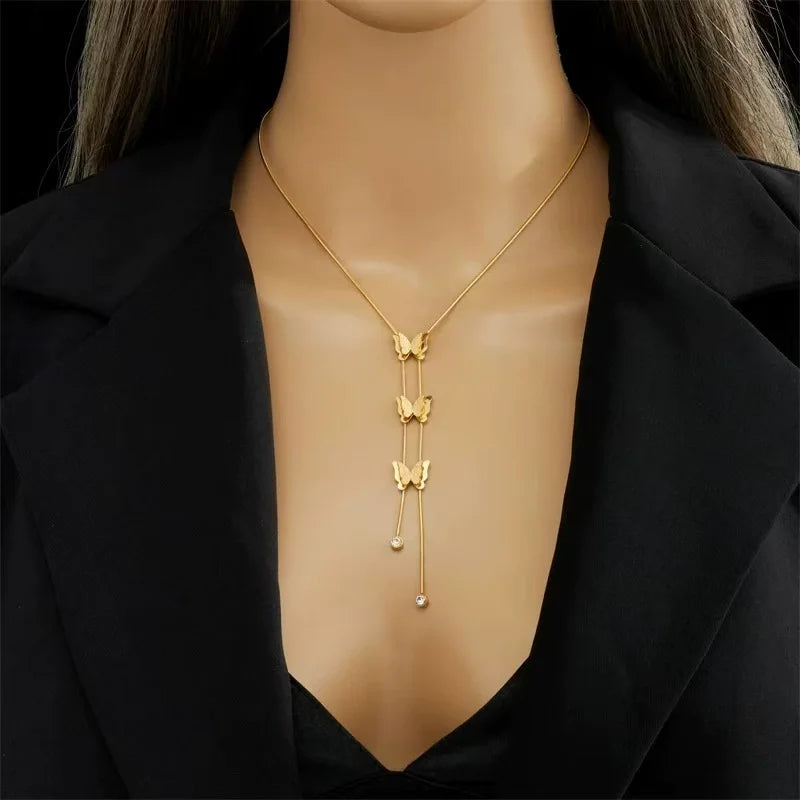 18K Gold Stainless Steel Colorfast 3PCS Butterfly Clavicle Chain Necklace Non-fading Summer Butterfly Jewelry Collar