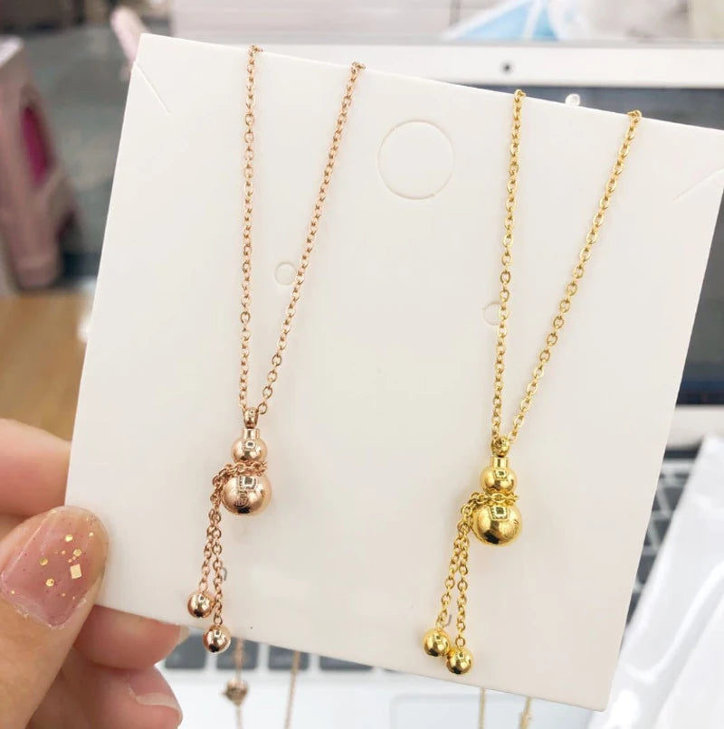 Gold Plated Stainless Steel Gourd Tassel Bead Big Brand Auspicious Charm Necklace Fu Character Chinese Style Gift