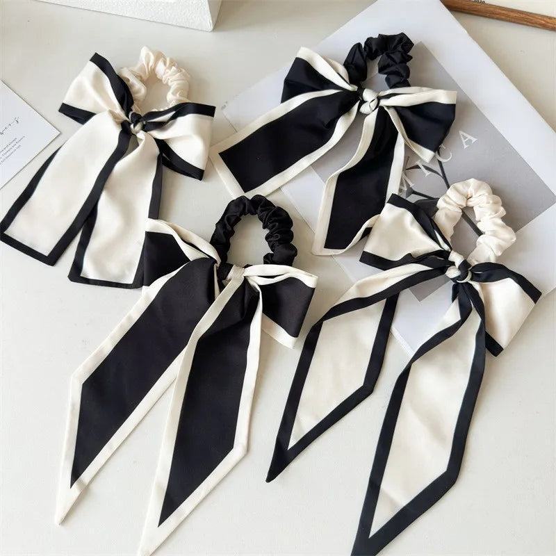 Large Black and White Bow Scrunchies Elegant Temperament Hair Rope Ponytail Streamer High Stretch Delicate Hair Accessories