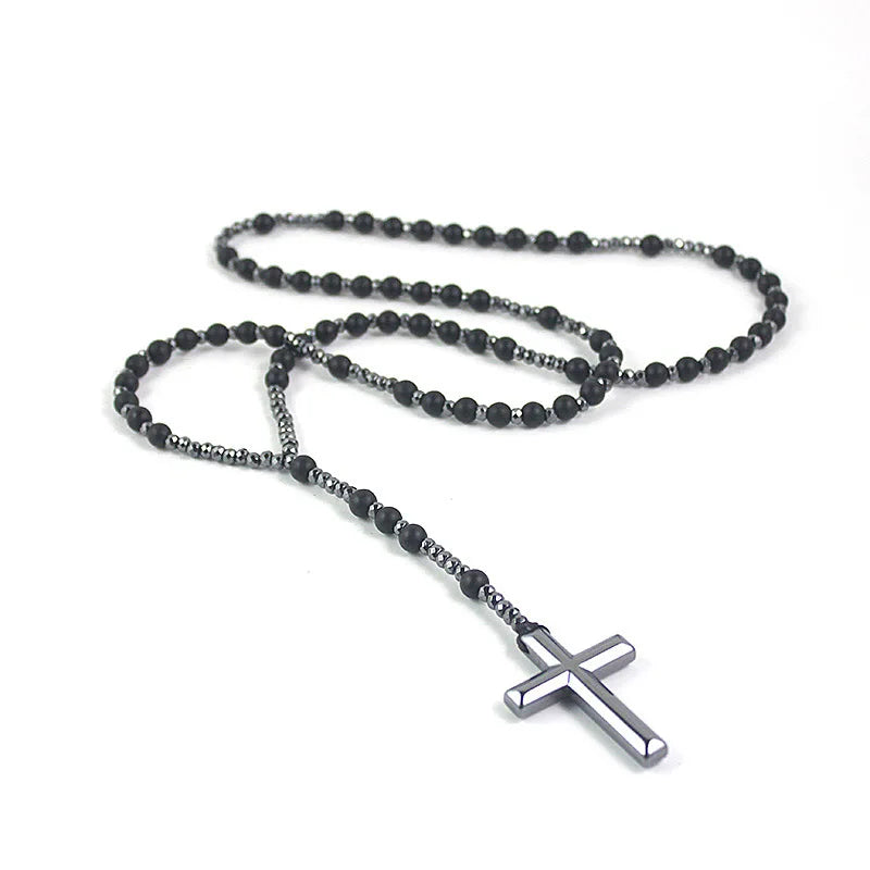 Cross and Beads Stone Tiger Eye Beaded Rosary Necklace Stainless Steel Natural Stone Beads Long Necklaces for Men
