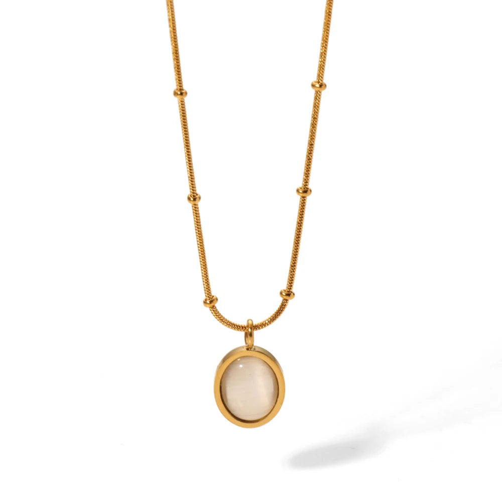 Ins Fashionable 316L Stainless Steel 18K Gold Plated Vintage Cat Eyes Stones Opal Pendant Necklace for Women