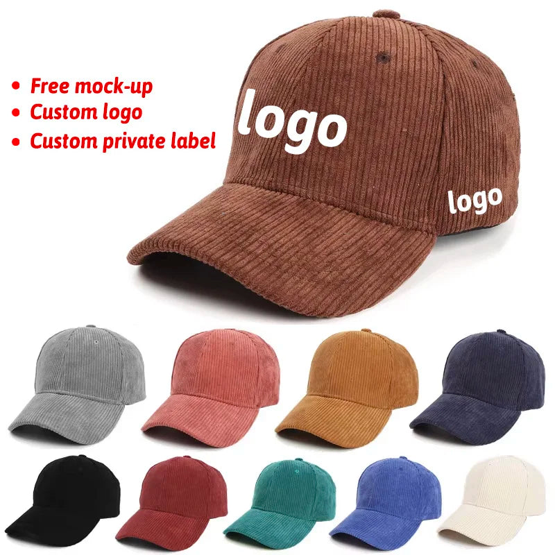 Custom Thick Embroidery logo High Quality Snapback Dad Hat 6 Panel Corduroy Hat for Men Corduroy Baseball Hats