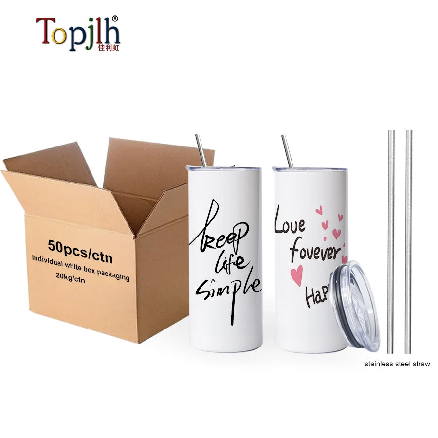 Topjlh Sublimation 20oz Clear Travel Drink Tumbler Double Wall Skinny Stainless Steel Blank Tumblers Gift Set for Sublimation