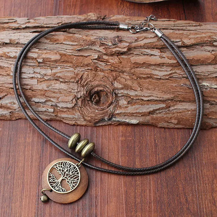 SC Fashion Double Layer PU Leather Rope Necklace Women Ethnic Style Hanging Bell Wooden Coin Tree of Life Pendant Necklace