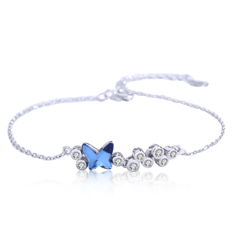 Luxury 925 Sterling Silver Butterfly Blue Crystal Charm Bracelet Zircon Thin Chain Silver Bracelets for Women
